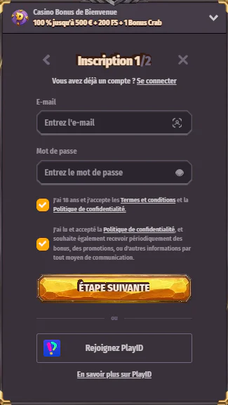 Formulaire d’inscription Dragonia Casino avec champs e-mail et mot de passe, confirmation de l’âge et offre de bienvenue
