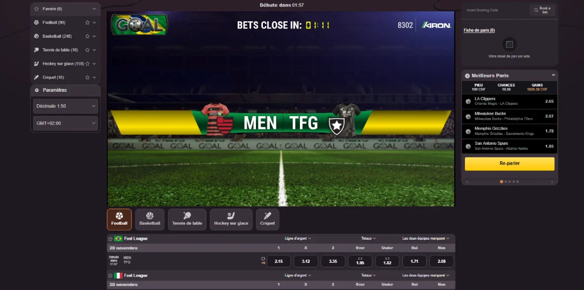 Interface des paris sportifs Dragonia Casino avec match virtuel, catégories sportives, cotes et coupon de pari