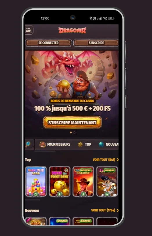 Version mobile de Dragonia Casino sur smartphone avec bonus de bienvenue, navigation et catalogue de machines à sous
